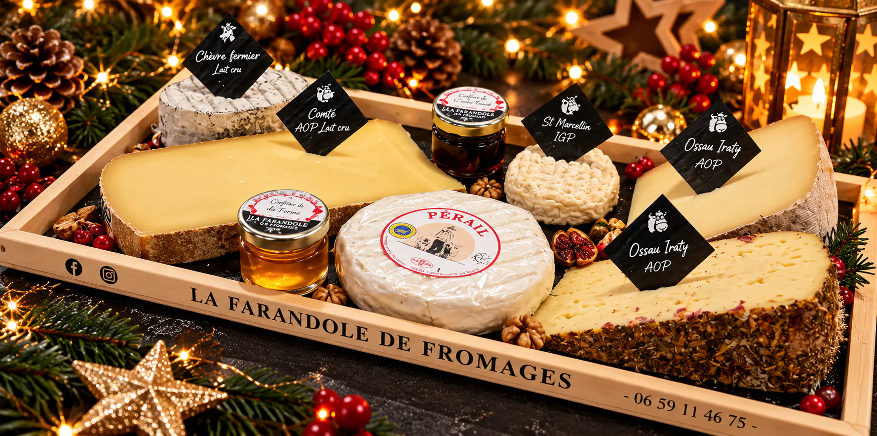 Plateau de fromages de La Farandole de Fromages, chaque fromage signalé par son ardoise